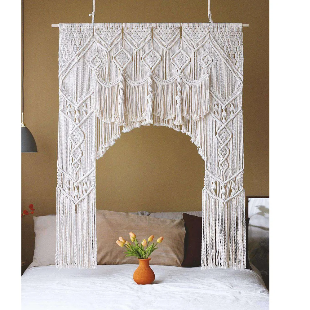 Handmade Macrame Wedding Backdrop Bohemian Arch Arbor Wall Hanging Door Hanging Room Divider,Macrame Curtains Rod not included