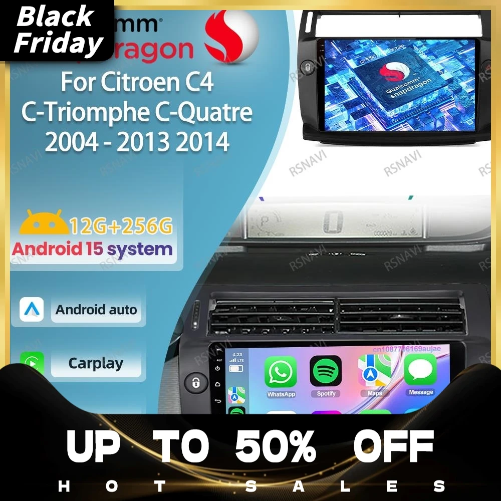 Car Radio Android 15 For Citroen C4 C-Triomphe C-Quatre 2004 2005 2006 - 2014 Wireless 360 Camera WIFI+ 4G LTE Multimedia DSP BT