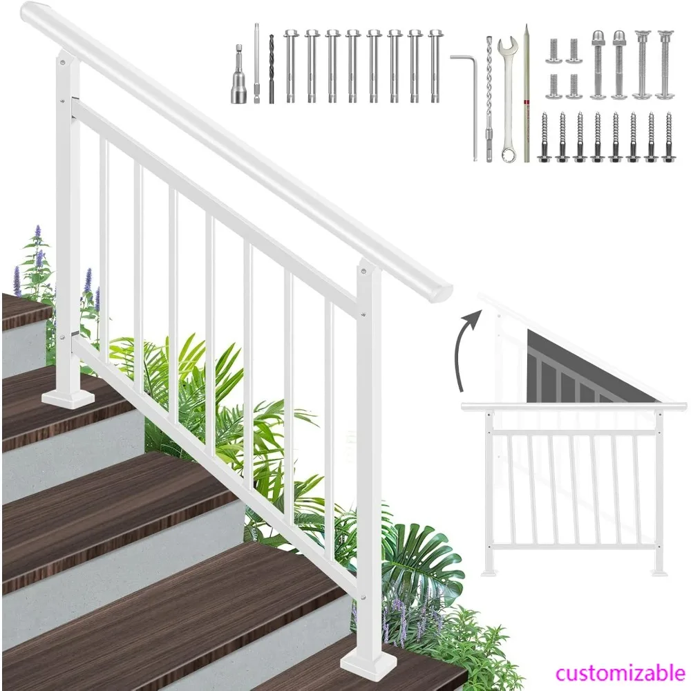 درابزين سلالم خارجي معدني أبيض مع درابزين قابل للتعديل لخطوات واحدة ومجموعة التثبيت #1