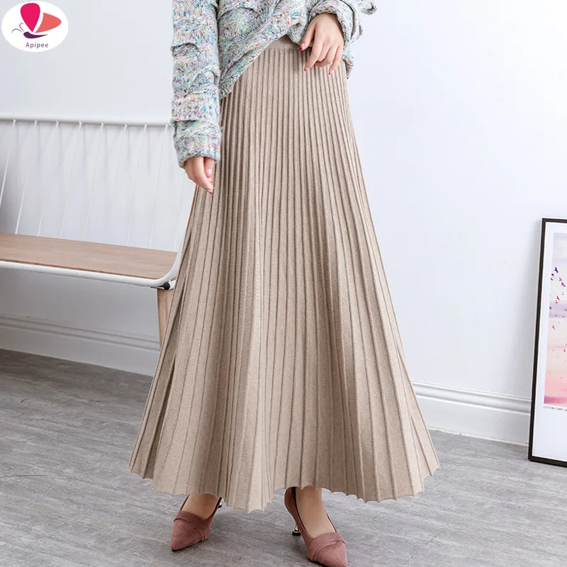 

APIPEE Winter Womens New Arrival Designer Elegant Ladies Elastic Waist Pleated Beach Maxi Skirt Gold Sequined Skirts Female