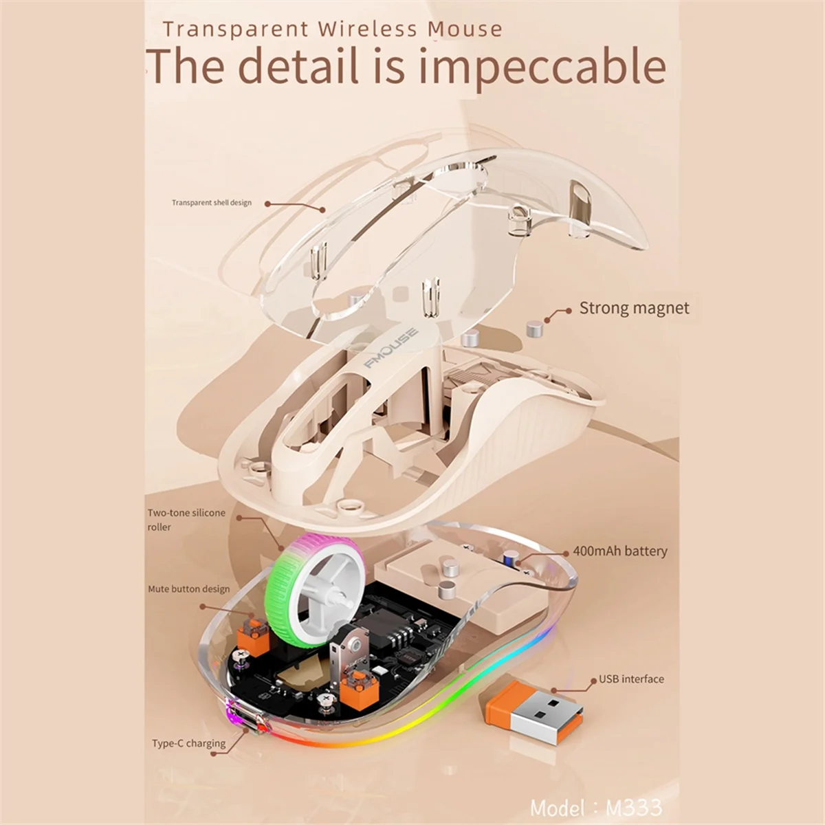 FMOUSE Ratón inalámbrico Bluetooth Ratón recargable magnético transparente Ratón con lámpara LED silenciosa de tres modos para computadora portátil PC Blanco