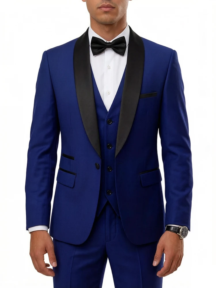 EUR Size ( Blazer + Vest + Pants )High End Brand Men's Casual Business Formal Solid Color Suit 3 Pcs Set Groom's Wedding Dress