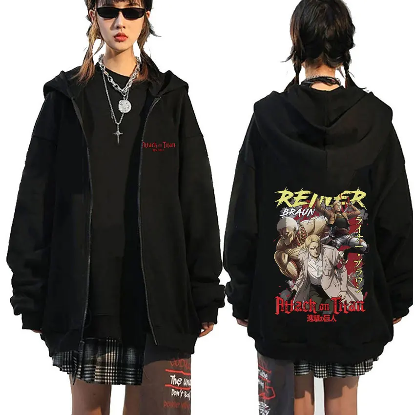 Anime Attack on Titan Reiner Braun Graphic Zipper Hoodie Men Women Cartoon Manga Merch Zip Up Hoodies Male Oversized Jacket Coat