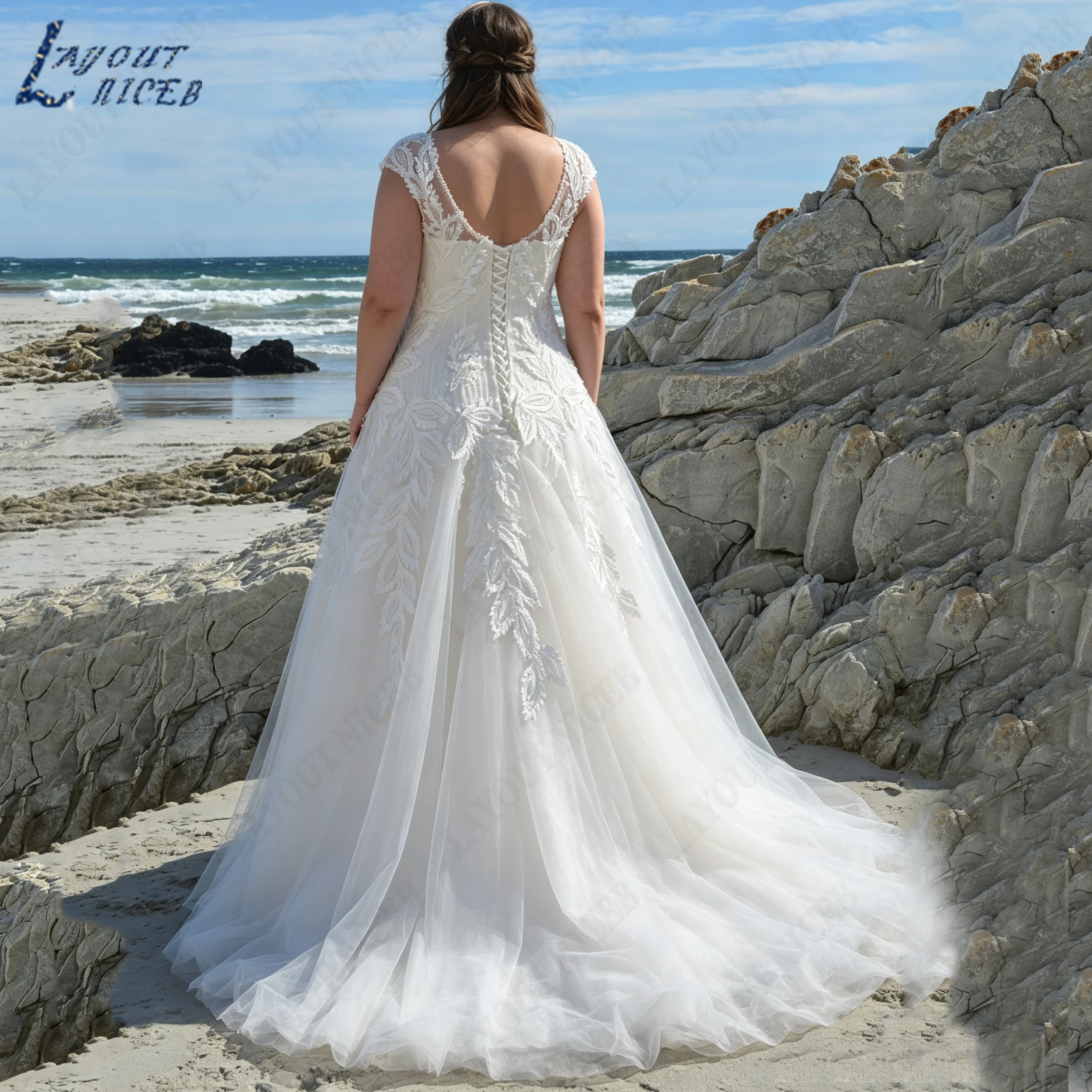 LAYOUT NICEB Cap Sleeve Plus Size Wedding Dress V Neck Tulle Bridal Gown Applique Beach Bride Gowns Custom Made Vestido De Noiva