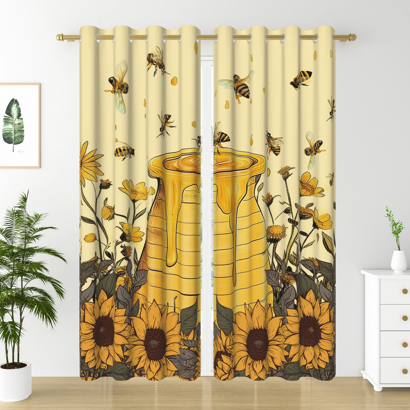 2pcs/set Healing Cats Forest Animal Beehives Window Curtain Modern Bedroom Dining Room Decor Blackout Polyester Fabric Curtains