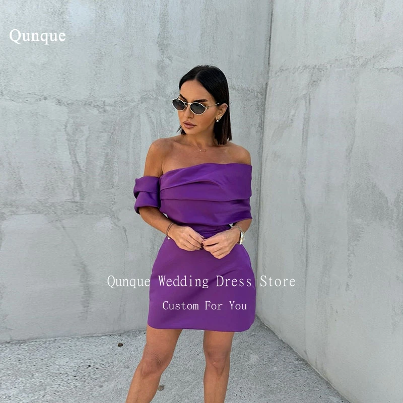 

Qunque Sexy Purple Mini Evening Dresses Pleated Off Shoulder Short Sleeves Prom Dress Graduation Cocktail Party Gowns Customized