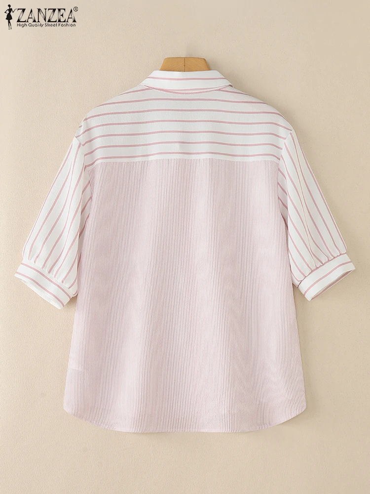 ZANZEA-camisas de retazos a rayas para mujer, moda de verano, manga corta, cuello vuelto, camisa con botones, Tops de colores contrastantes