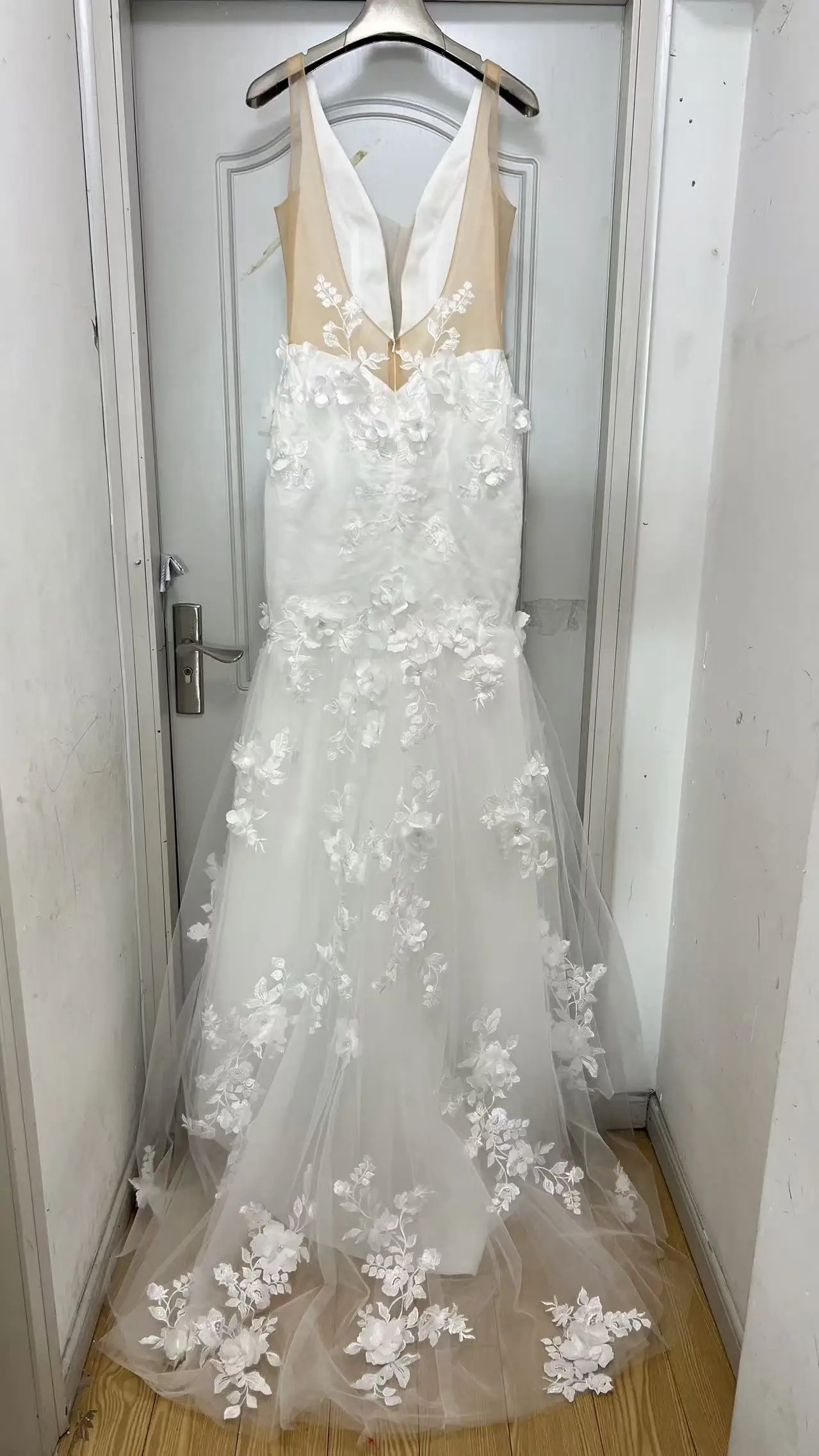 فساتين زفاف حورية البحر عتيقة مصنوعة حسب الطلب 2022 على شكل حرف v بدون ظهر دانتيل زينة زهور ثلاثية الأبعاد فستان زفاف ريفي مقاس كبير #4