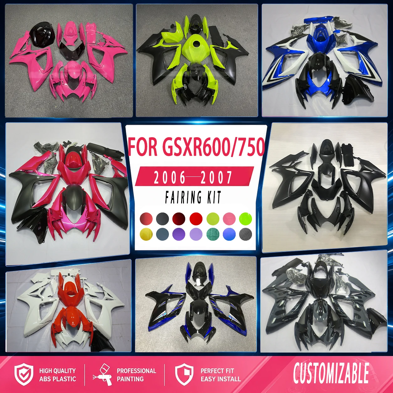 For 2006 2007 GSXR600 750 Fairing Set Injection Kit 06 07 GSXR750 600 Custom Motorcycle Fairings Bodywork Set