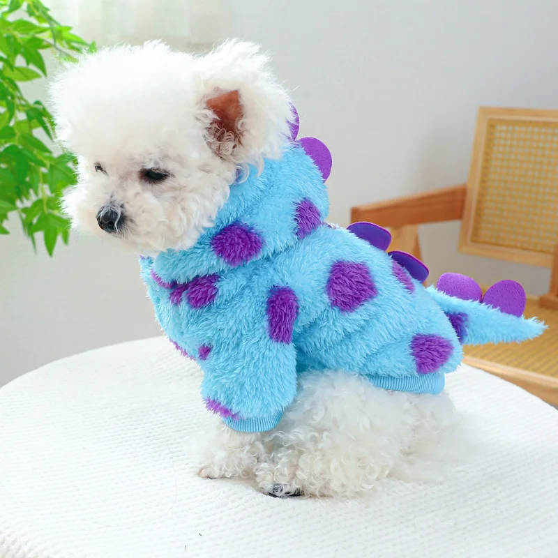 Small And Medium-sized Dog Clothes With Velvet Warm And Comfortable Short Flower Dinosaur Hooded Coat Pet Clothes