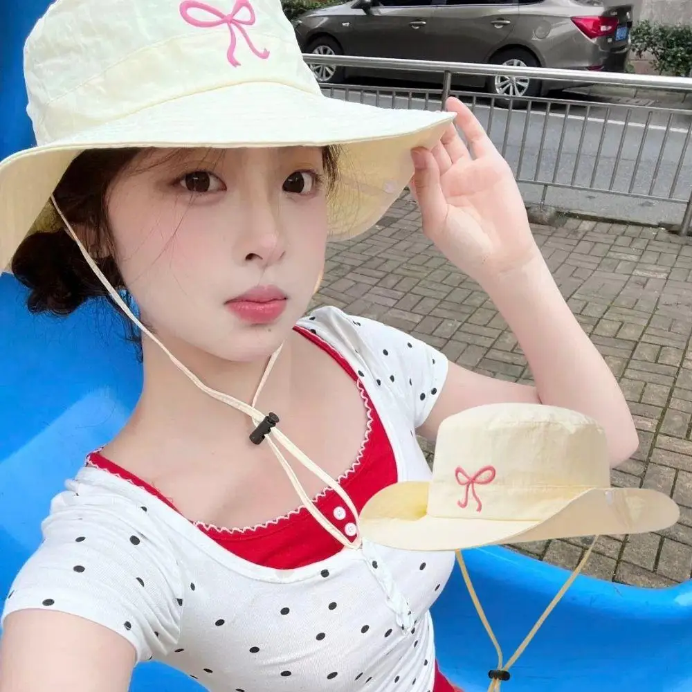

Hot Korean Pink Bow Quick Dry Fisherman Hat Windproof Rope Women Outdoor Camping Mountaineering Hats Girl Women's Summer Panama
