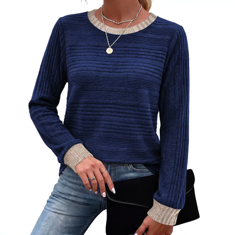 Women Casual Long Sleeve T Shirt Autumn Winter Loose Round Neck Colorblock Patchwork Soft Comfy Pullover Lady Tops
