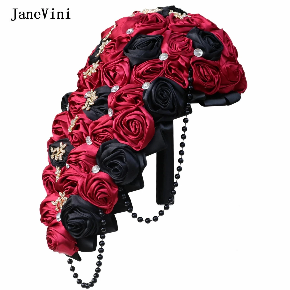 

JaneVini Vintage Dark Red and Black Wedding Bouquet for Quinceanera Waterfall Rhinestones Pearls Bridal Hand Flowers Cascading