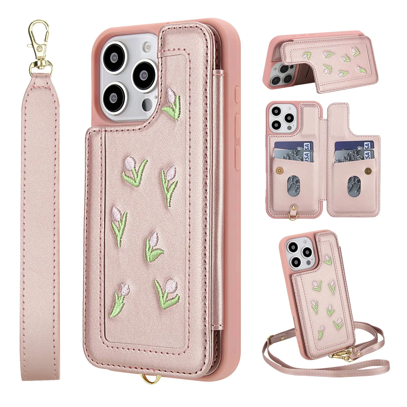 

Флип-противоударный чехол, совместимый с iPhone 16, 15, 14, 13, 12, 11 Pro Max, стерео цветком и подставкой для ремешка, женский чехол-кошелек