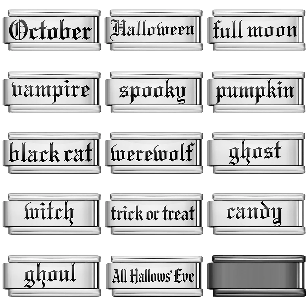 9x20mm Laser-Gravur Halloween Englische Wörter Edelstahl-Schmuck Italienische Charms Großpackung Gliederarmband Herstellung DIY-Zubehör – Detail 1
