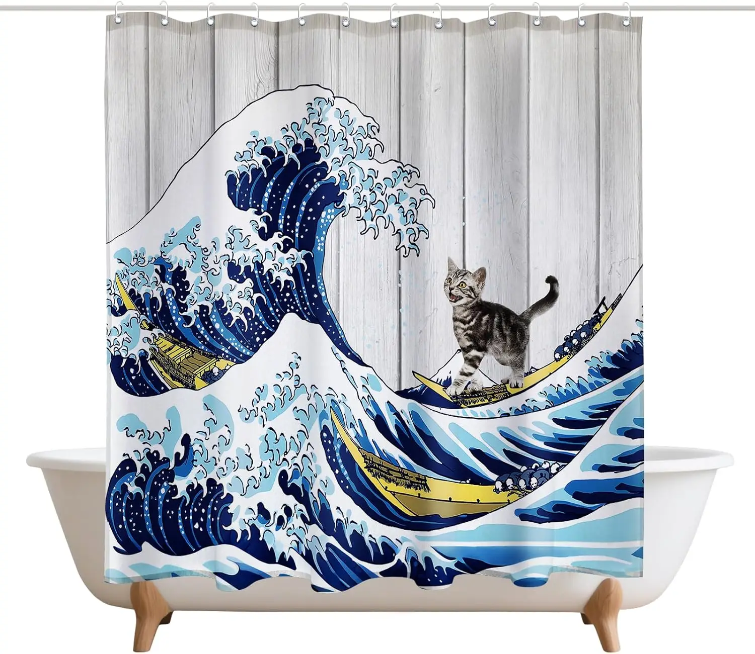 

Большие японские волнистые занавески для душа, кошка для серфинга, декор для двери сарая, полиэфирная ткань, водонепроницаемые занавески для ванной комнаты, набор с 12 крючками