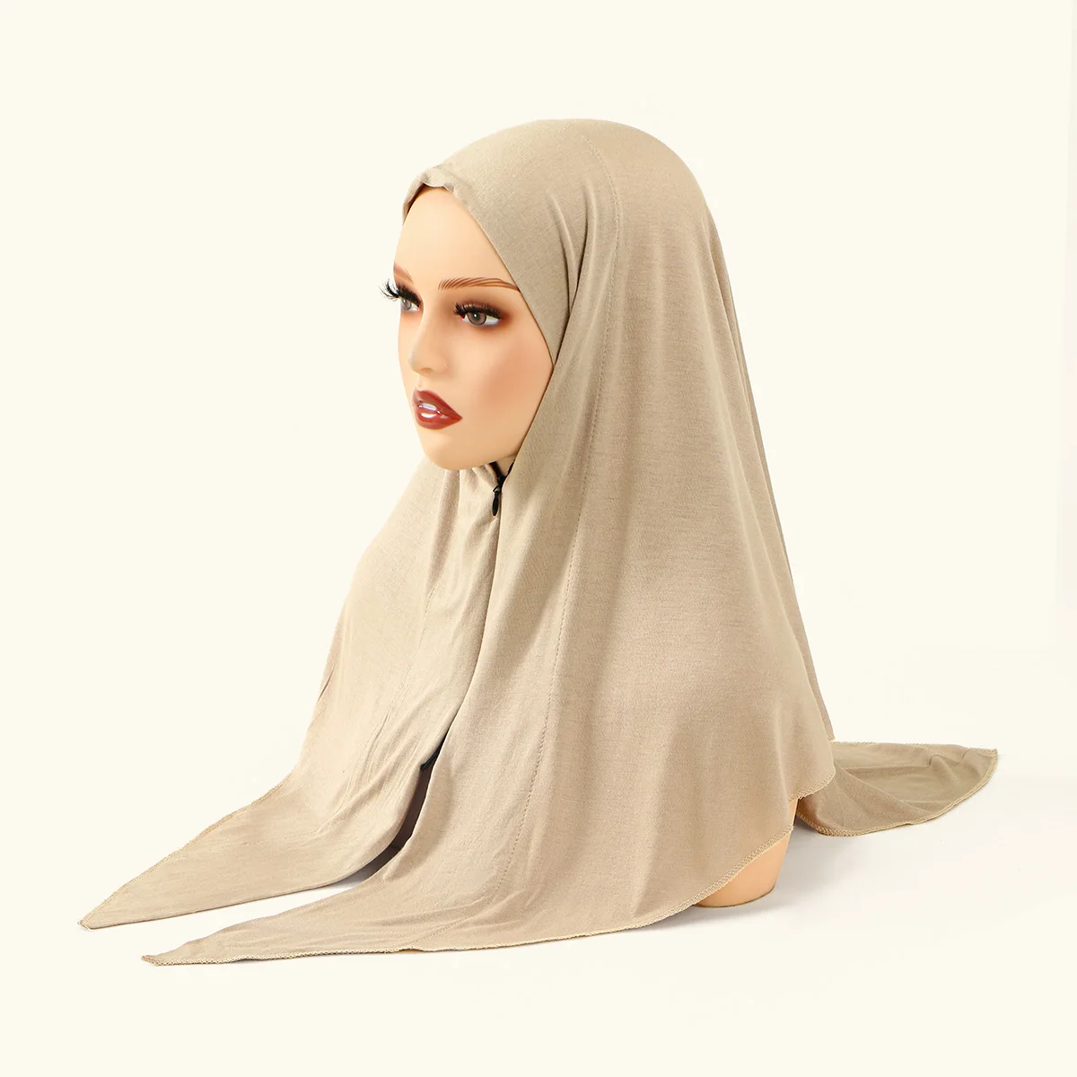 ジッパーデザインのムスリムヒジャブ、無地グレーのインスタントスカーフ、実用的で控えめなイスラムのヘッドスカーフ、女性の民族ファッションと日常使いに
