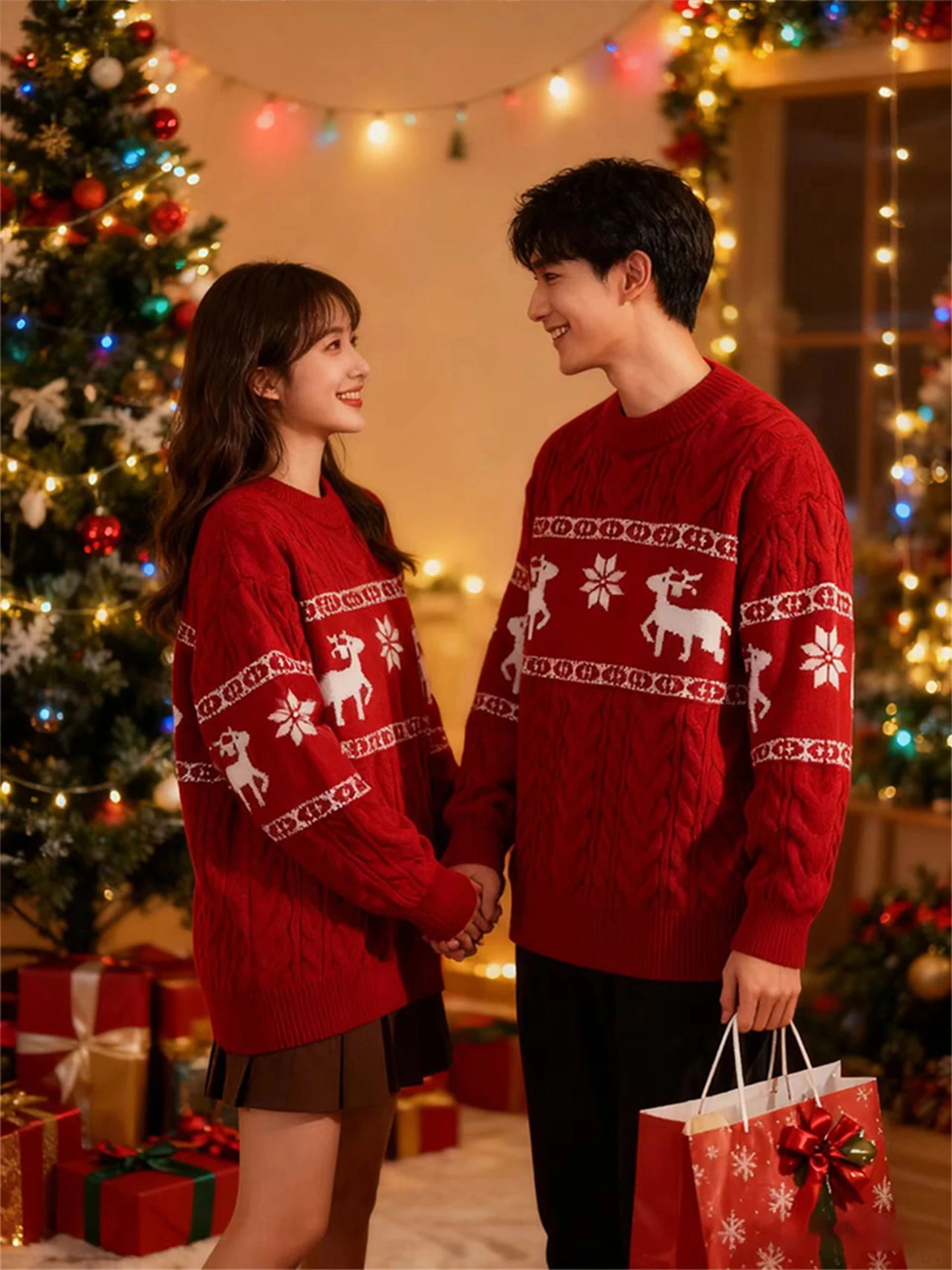 

Мужской зимний свитер с вышивкой оленя, круглый вырез, свободный крой, теплый, для пар, в рождественском стиле, базовая рубашка для ношения под одеждой