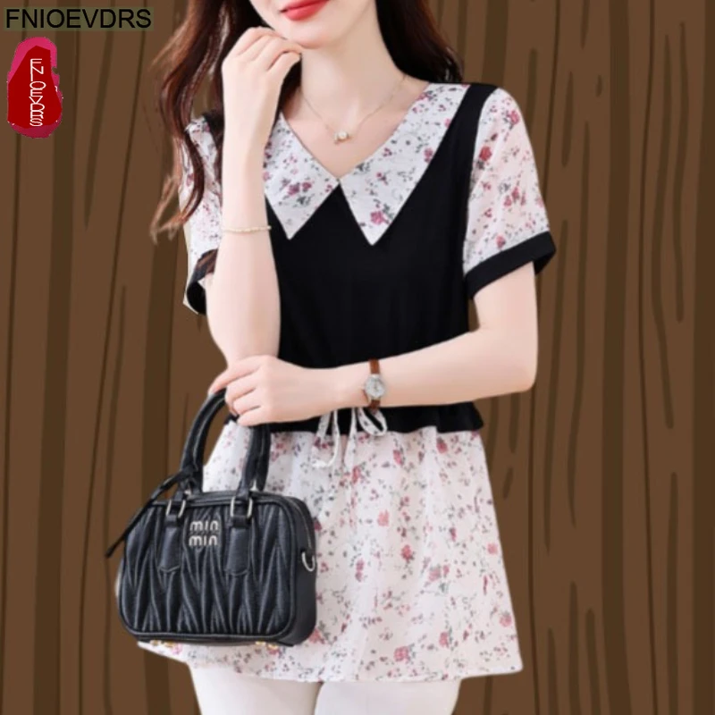 

Retro Vintage Ruffles Peplum Tops Peter Pan Collar Women 2025 Elegant Patchwork Fake Two Piece Cute Tunic Button Shirts Blouses
