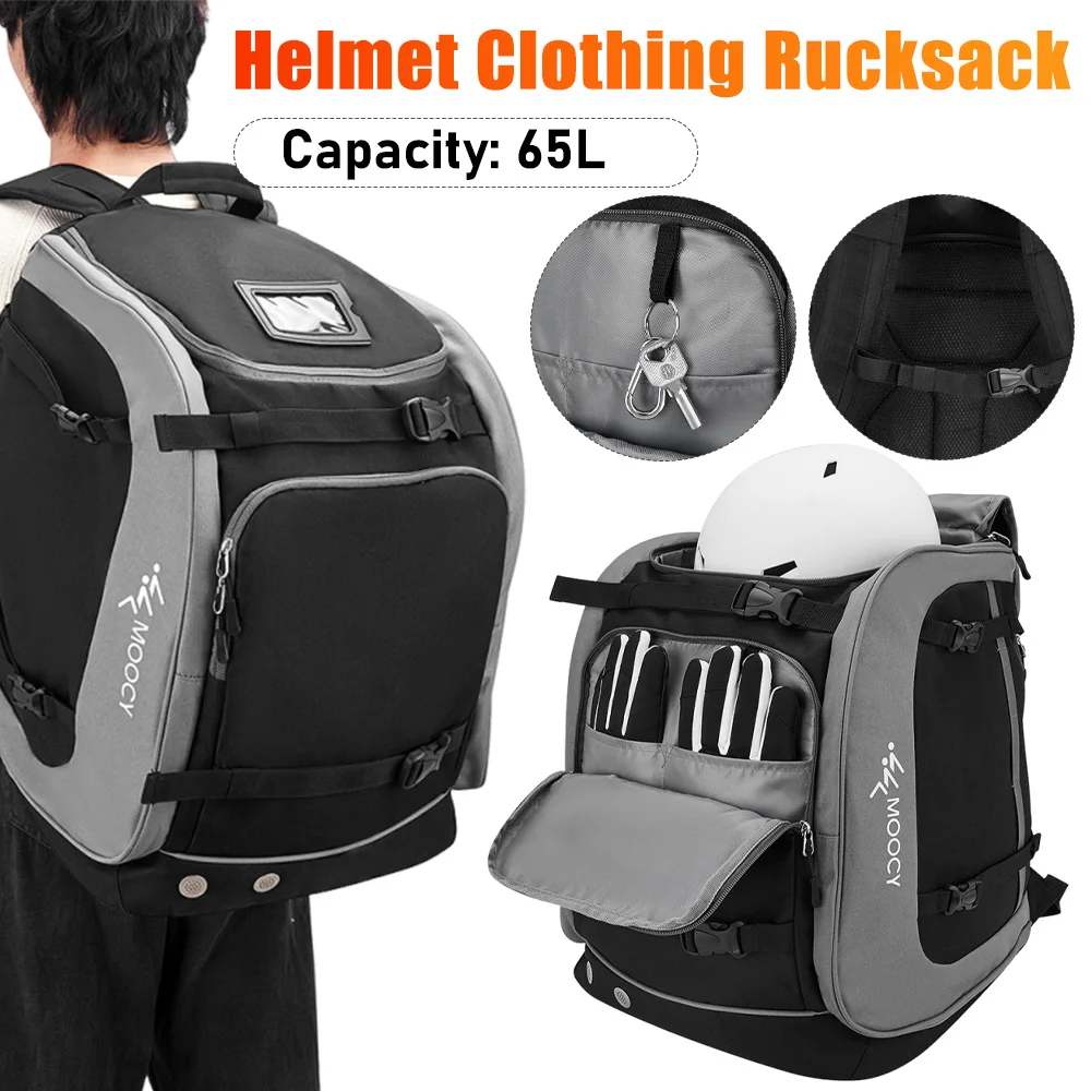 65L ヘルメット衣類リュックサック大容量オックスフォード布ヘルメットポケット調節可能なスキーバッグリュックサック防水キャンプスキー用