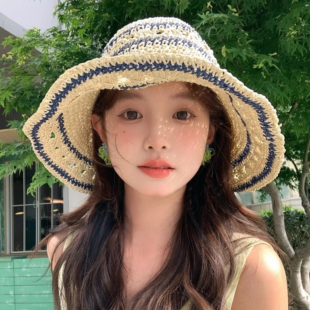 

Korean Handmade Straw Bucket Cap Beach Vacation Weave Crochet Hat Summer Hollow Fisherman Caps Female