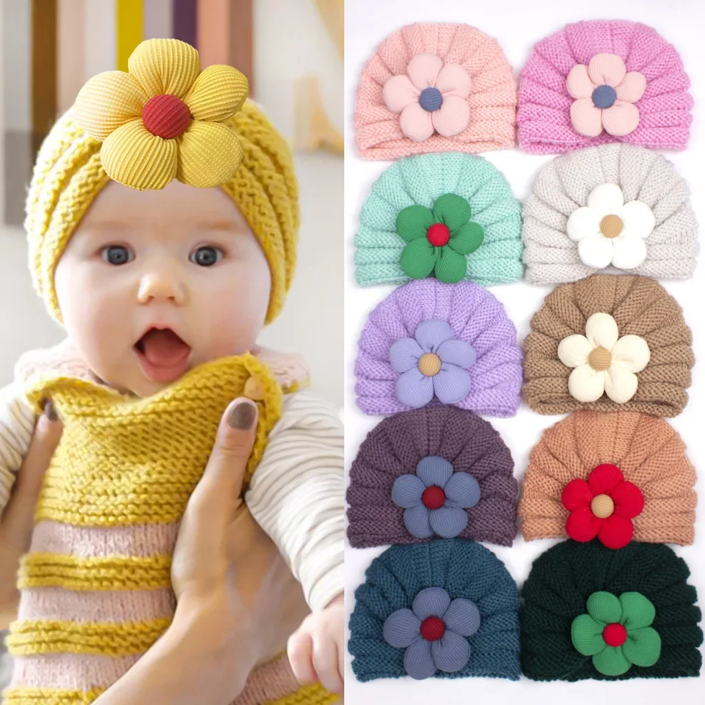 

European and American Winter New Baby Warm Flower Knitted Beanies Children's Multi-Color Cute Wool Girls' Hat