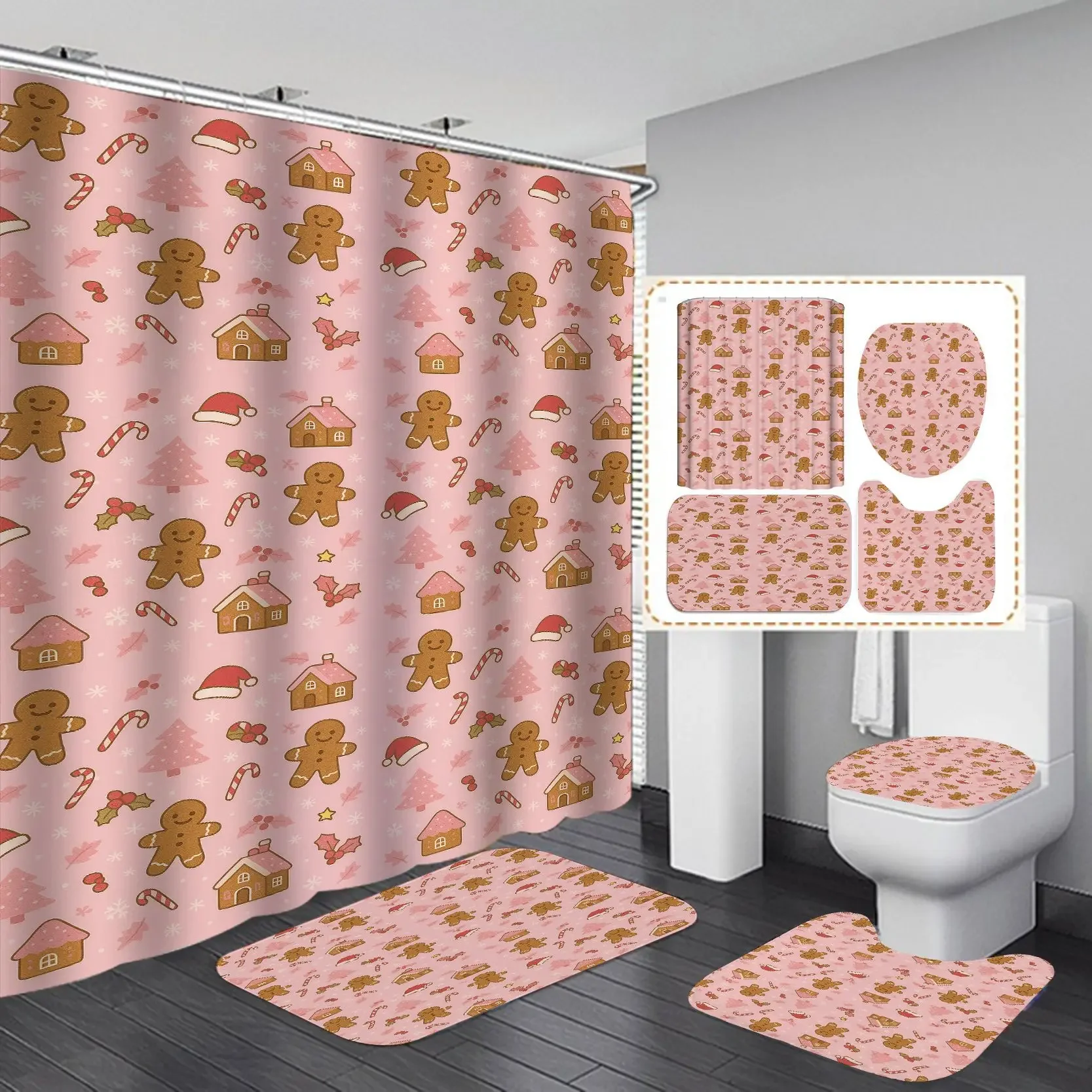 Christmas Shower Curtain Snowman Gingerbread Man Santa Xmas Tree Reindeer Waterproof Bath Curtain Holiday Decor w Hook