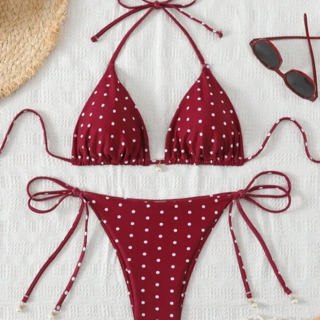 

Women Red Polka Dot Triangle Bikini Set Halter Neck Side Tie Two Piece Swimsuit with Bead Detail