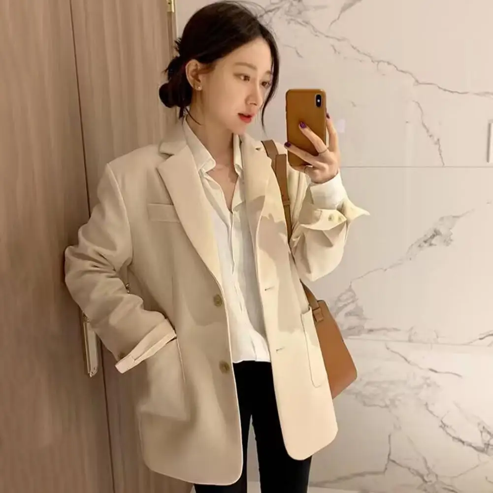 Women Workwear Jacket Elegant Lapel Suit Coat with Pockets for Women Long Sleeve Single Breasted Jacket Solid Color Loose Fit