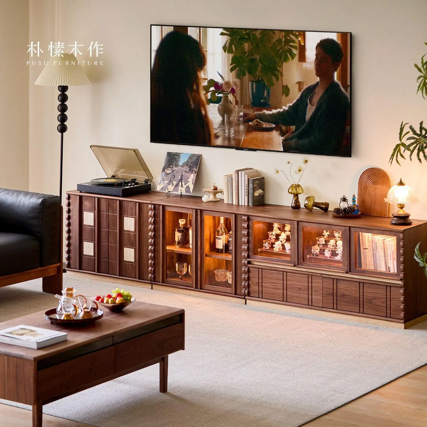 Medieval style floor-to-ceiling TV cabinet French retro black walnut solid wood combination cabinetliving room display