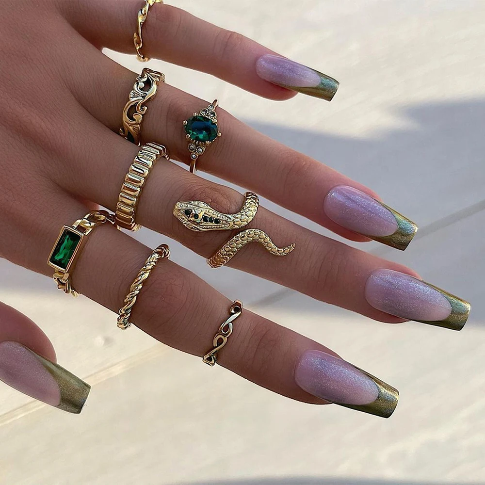 8Pcs/Set Ins Style Vintage Faux Gemstone Snake Twist Ring For Women Retro Ocean Wave Geometric Setting Rhinestone Ring Set