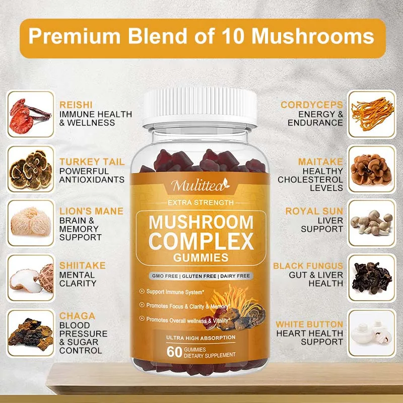 Mulittea High Absorption Mushroom Complex Supplements  with Lion\'s Mane Reishi Cordyceps Chaga Turkey Tail for Memory & Focus