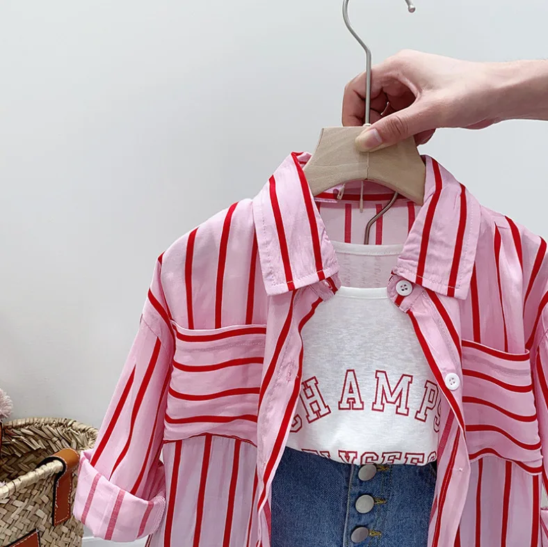 2024 Summer New Fashion Children Girls Striped Long-sleeved Shirt Blouse + Letters Vest + Jeans Denim Shorts 3pcs Clothing Sets