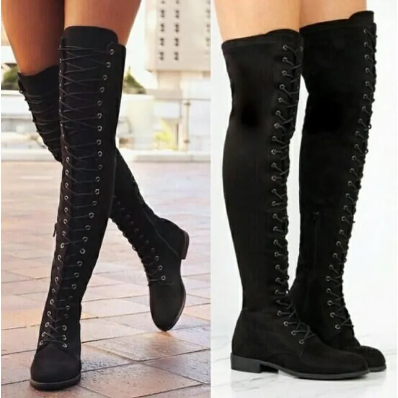 Woman Over The Knee Boots Cross-tied Fashion Autumn Winter Shoe Low Heeled Flock Long Boots Sexy Round Toe Side Zip Knight Boots