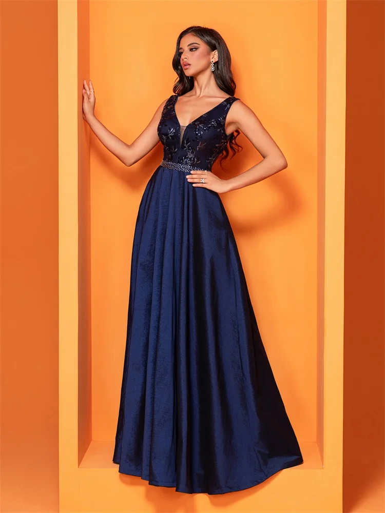 Luxury Sexy Deep V-Neck Sequins Blue Evening Dress Women Elegant V-back Satin Party Long Prom Cocktail Dress