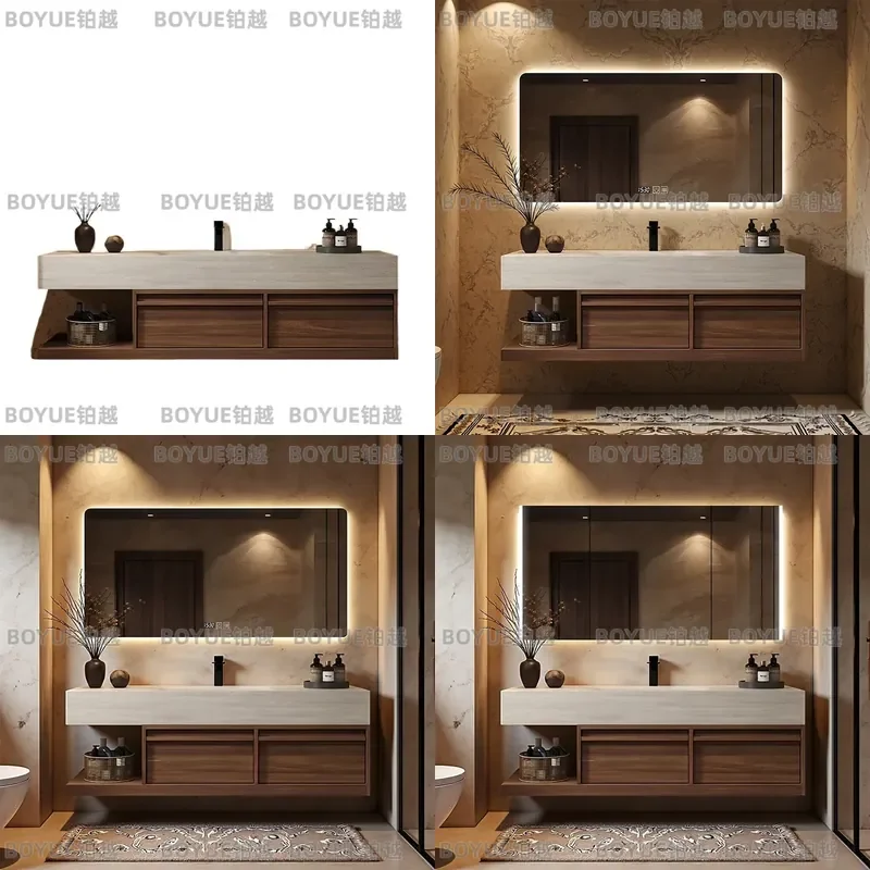 New Chinese Style Walnut Bathroom Vanity Set with Bone Line Washbasin Cabinet Combo and Smart Mirror for Toilet Area