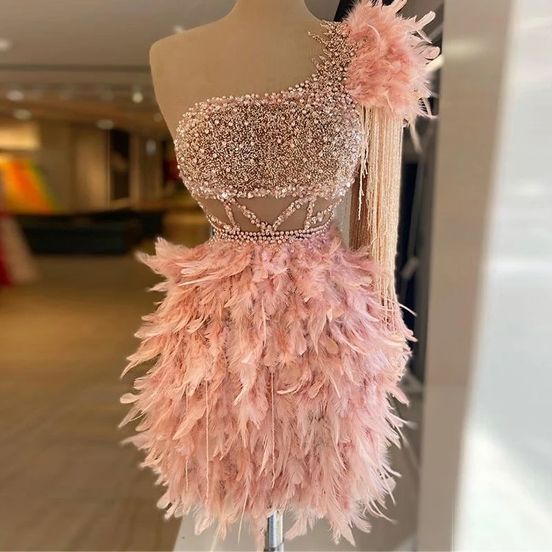 

Pink Feather Beaded Prom Dress Girl Mini Short Dress Evening Dress One Shoulder Sparkling Tassel Cocktail Dress