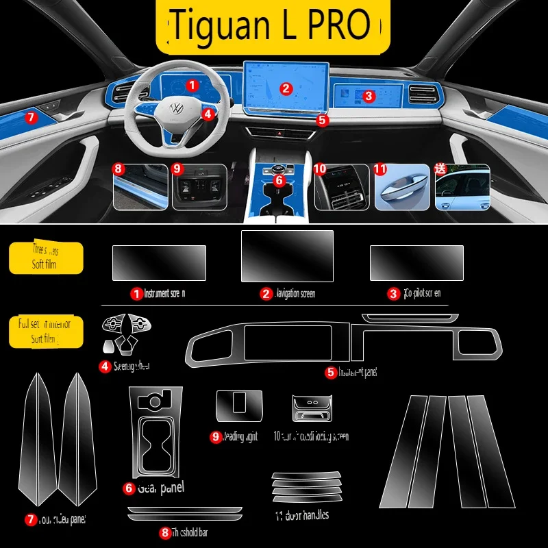 Tpu Transparent Film for 2024 Volkswagen Tiguan L PRO Car Interior Sticker Console Dashboard Screen Protective Film Accessories