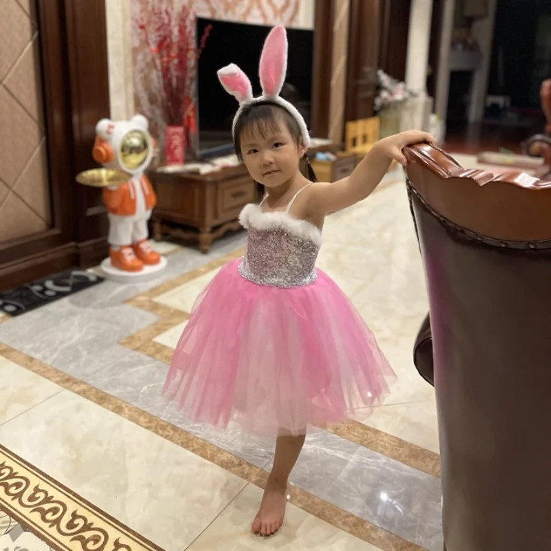 فستان رقص جديد مزين بالترتر وردي لامع زي رقص للفتيات احتفال بالمهرجان فستان رقص حديث أداء فستان ملون