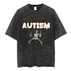 Autism Skeleton Meme T Shirt Funny Skull Men Women Fashion Hip Hop Vintage Washed T-shirt Cotton Short Sleeve Oversized T-shirts