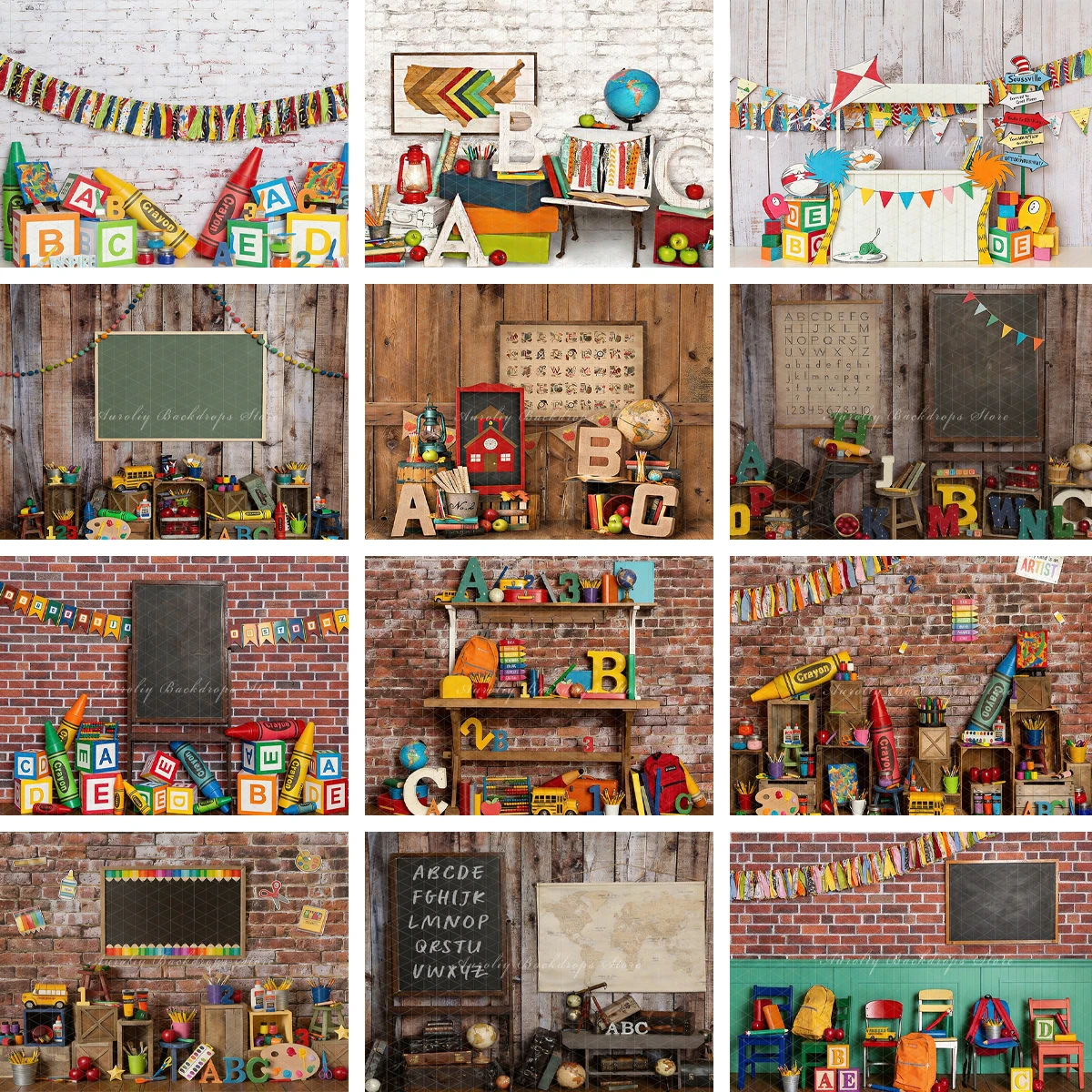 ABC Building Blocks Chalkboard Back to School Photography Backdrop Vintage Kids Portrait Photo Background Studio Prop Decor