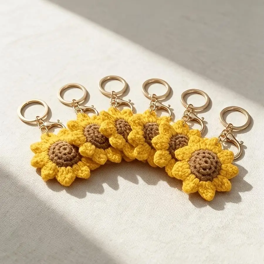 1/5/10/20/50/100pcs Set of 6 Handmade Crocheted Sunflower Keychains, Braided Floral Keychain for the Car and Bag Charm—A Thought