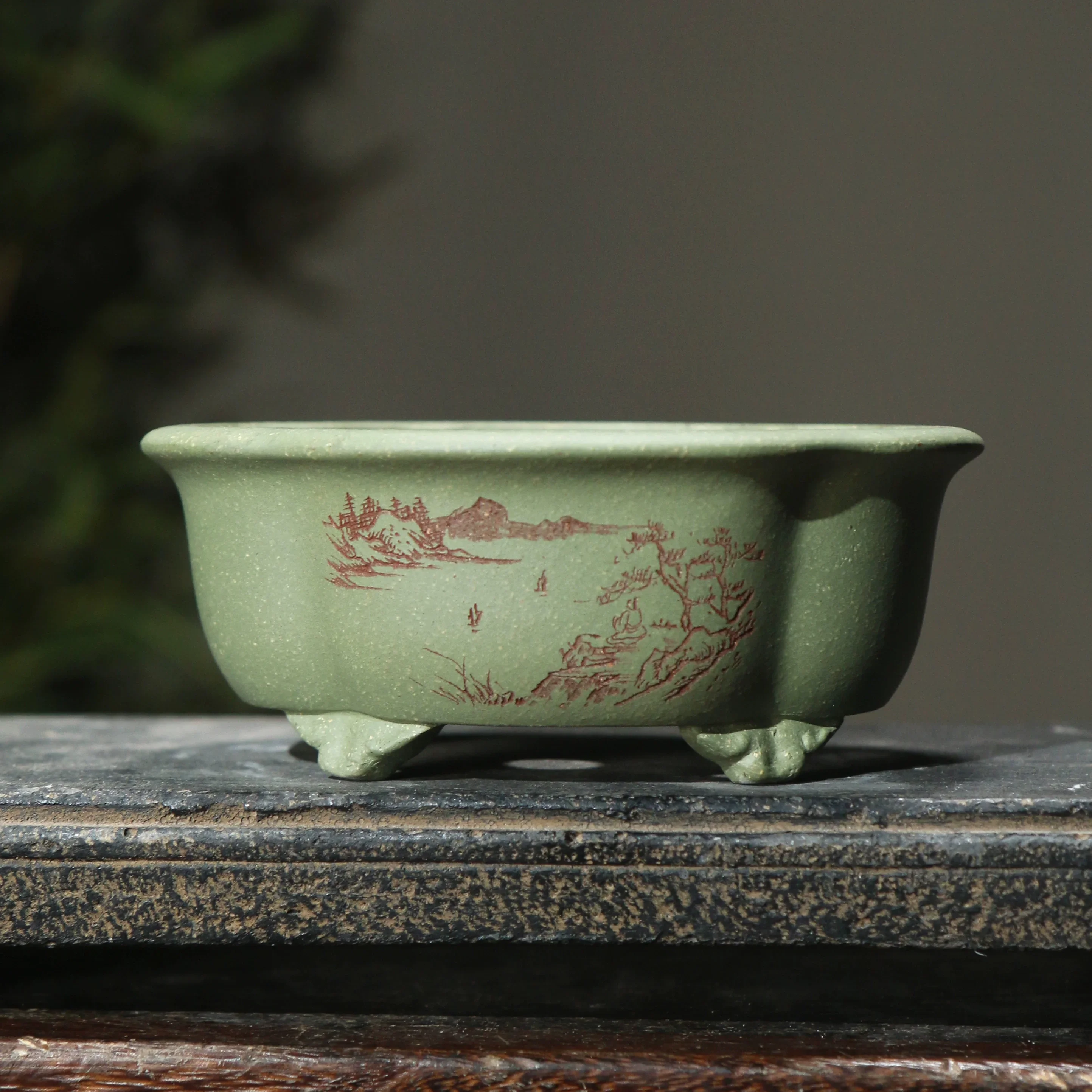Green Sand Clay Handmade Carved Bonsai Pot,Pottery,Flower Shape Vase, Traditional Chinese Pattern,Garden Decoration