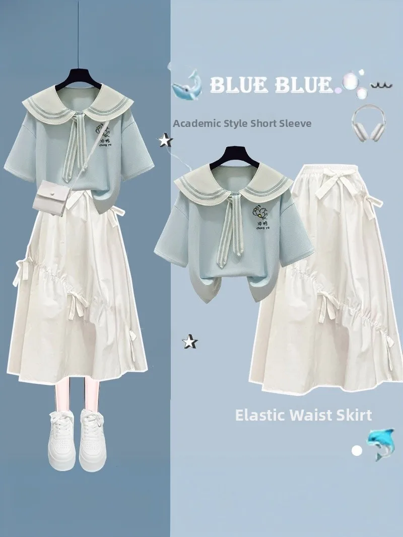 

Sweet Doll Collar Short Sleeve Half Skirt Set Summer Fashion for Junior High School Students Cotton Two-Piece Suit Youth Wear