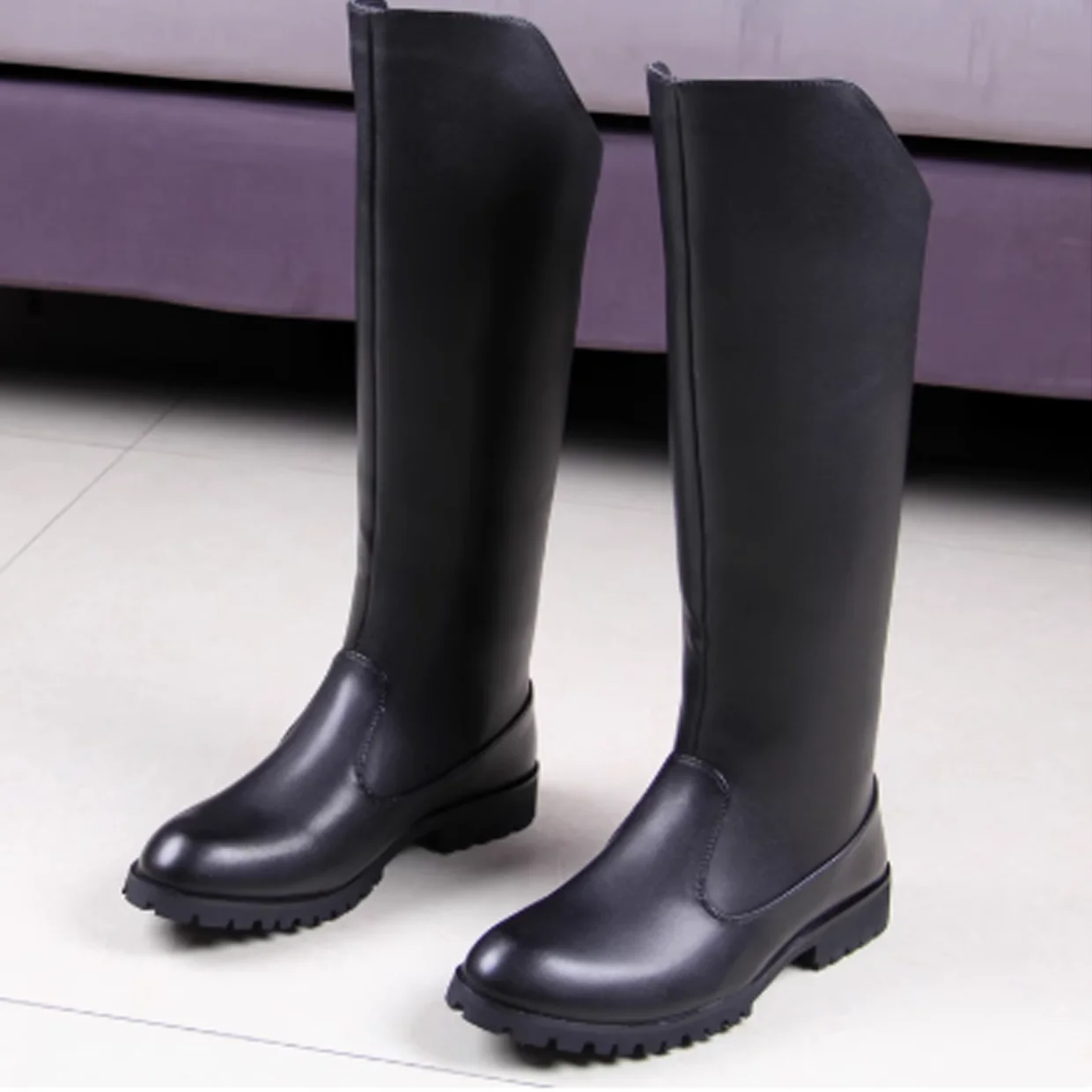 WW2 เยอรมนีทหารรองเท้าเข่าสูงรองเท้าบูทยาวสีดําผู้ชายคุณภาพของแท้รองเท้าหนังอัศวินขี่รองเท้า