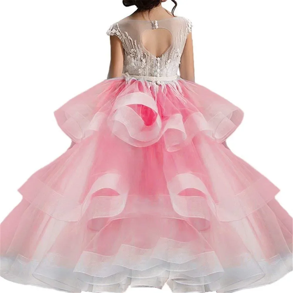 

Long Train Ruffles Lace Flower Girls Dresses for Weddings Birthday Party Children Dress Puffy Tiered Kids Photoshoot Shower Gown