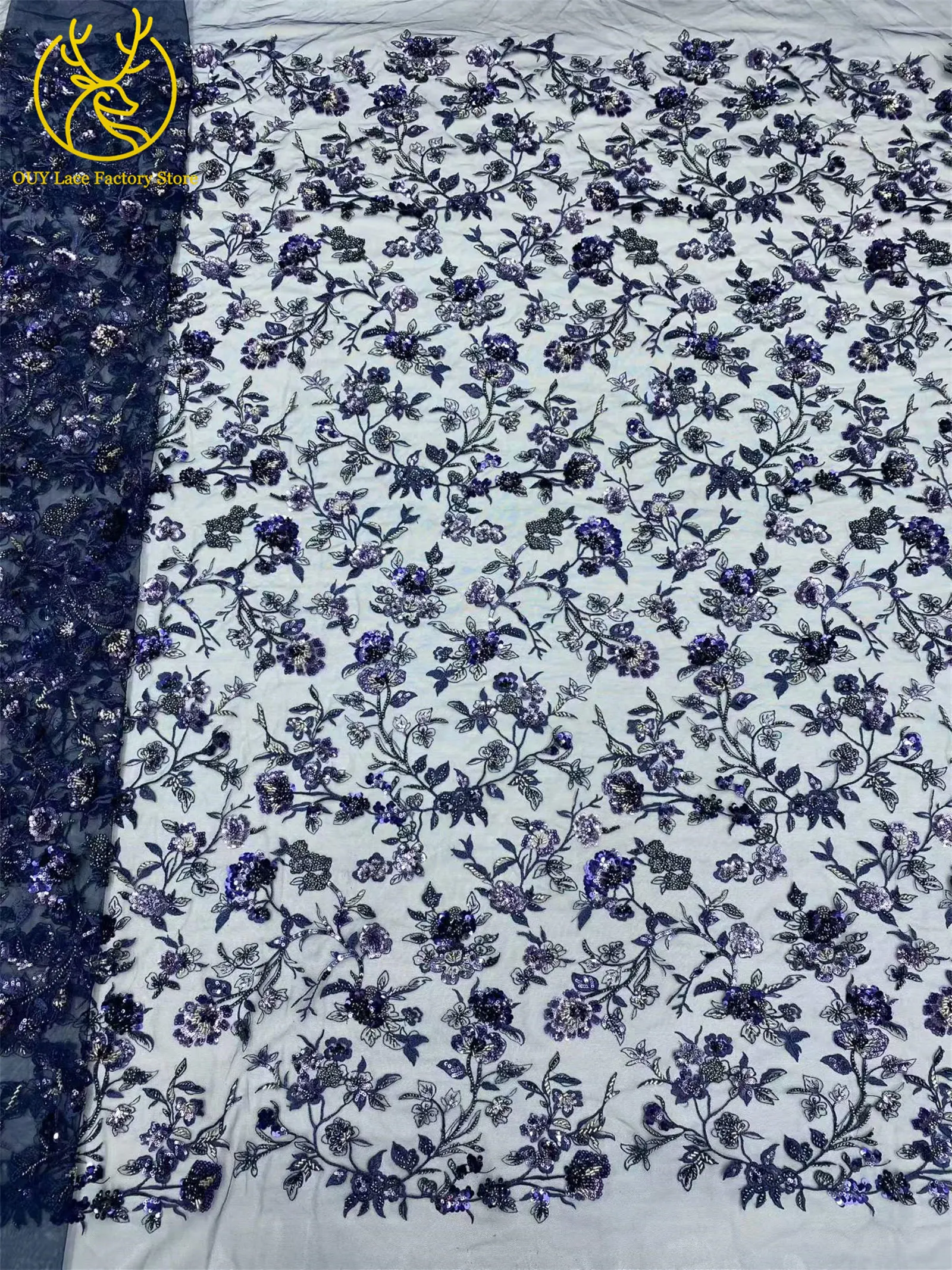 Eleganter afrikanischer Spitzenstoff mit Pailletten und Stickerei, lila, nigerianischer französischer Tüll-Spitzenstoff mit Perlen für Brautkleider und Partykleider zum Nähen – Detail 11