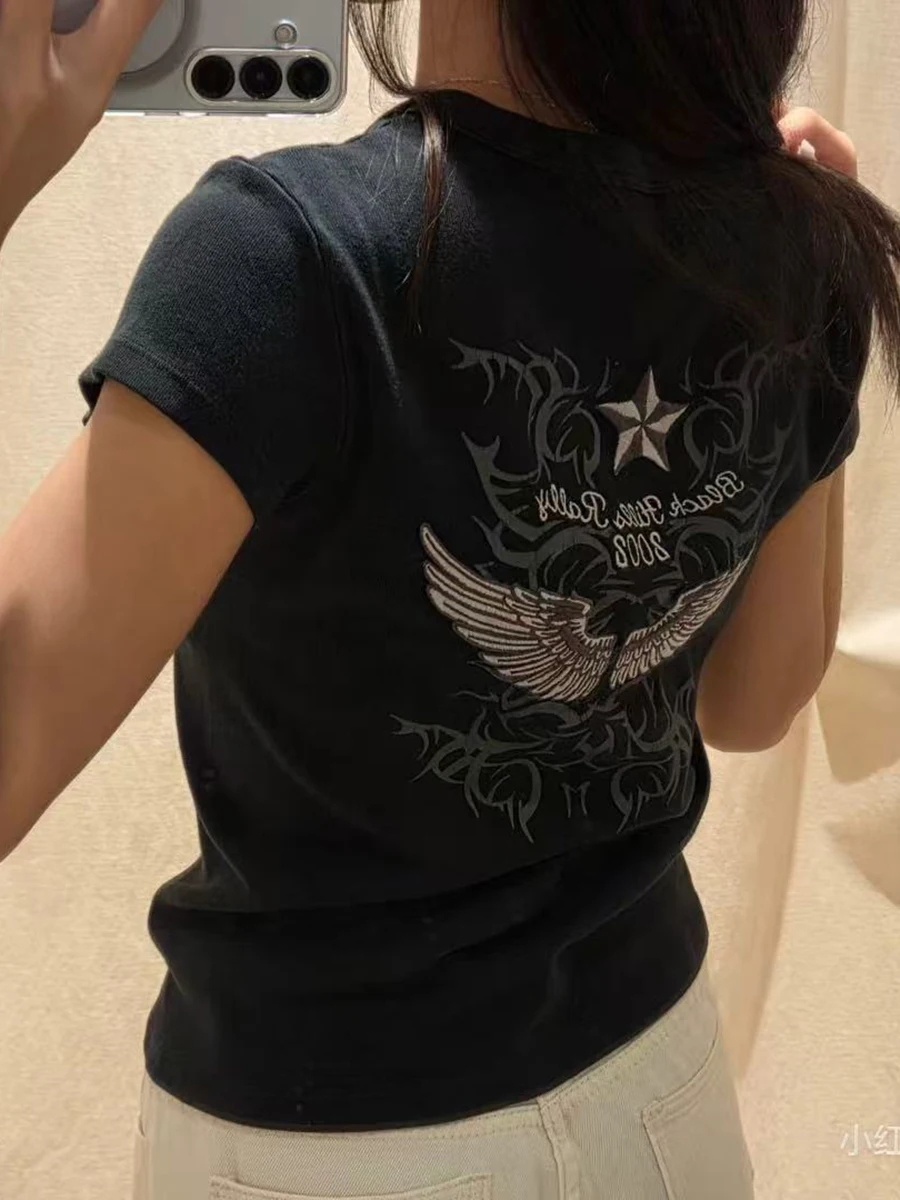 Vintage Wings Embroidery Slim Crop Top Women Summer New Cotton Round Neck Short Sleeve Tees Classic Graphic Black T-shirts New