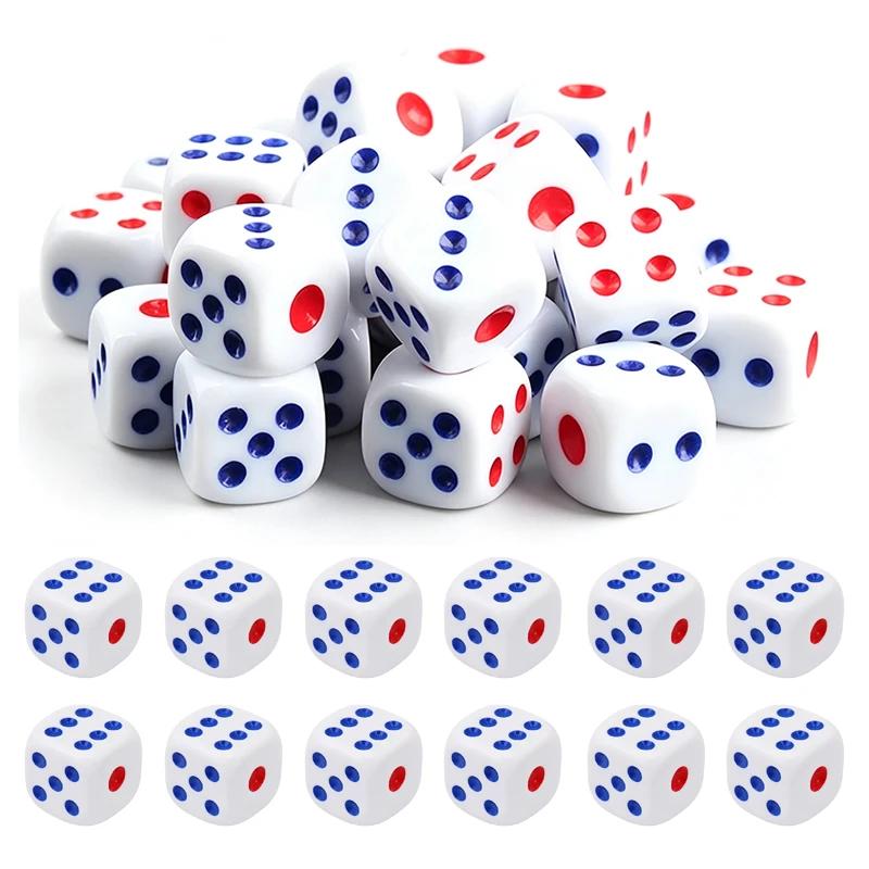 10~200PCS White D6 Dice with Red & Blue Dots – Precision 6-Sided Game Cubes for RPGs, Board Games, MTG, and Tabletop Gaming TMZ