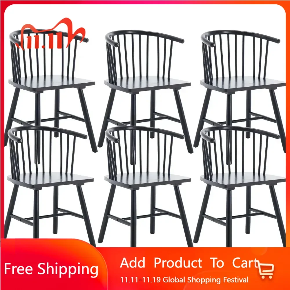 Dining Chair Set of 6 with Arms, Curve Back, Farmhouse Spindle Back Wood Windsor Chairs, Mid Century Modern Dining Chair